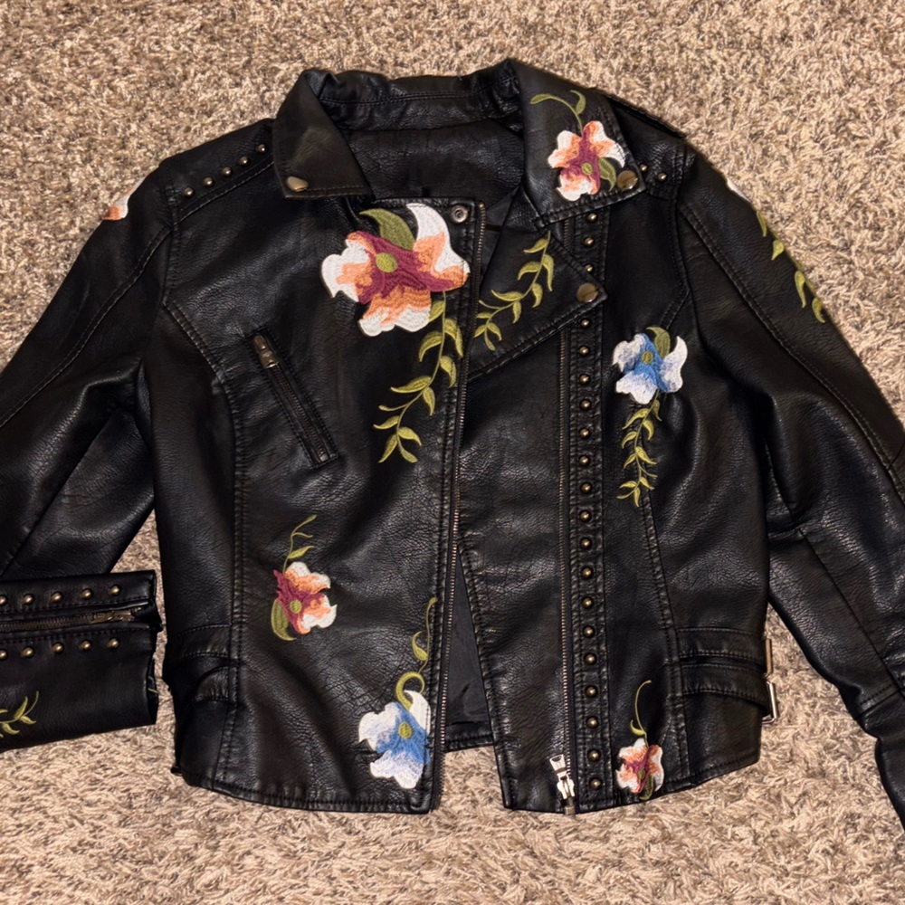 Embroidered Black Leather Jacket